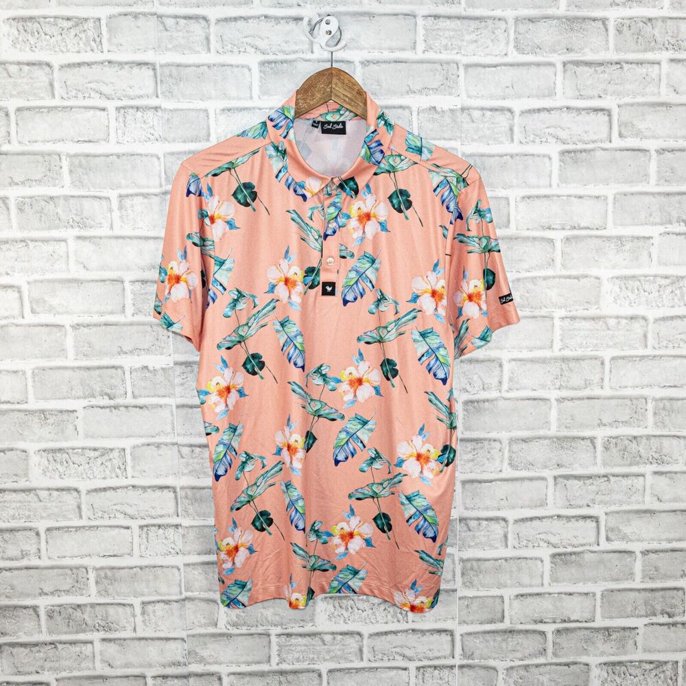 Bad Birdie Men's Short Sleeve Golf Polo Shirt Peach Paradise Floral Print sz S